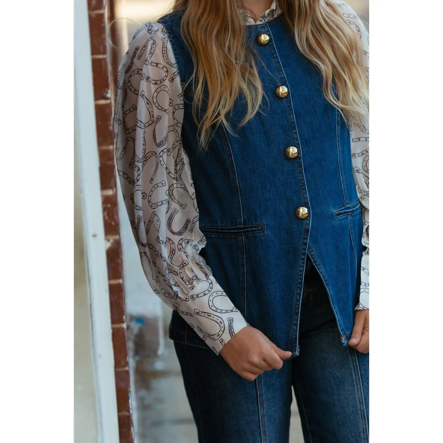 Blue B "Gold Rush" Button Denim Western Vest — Medium-Wash with Gold Shank Buttons & Side Welt Pockets