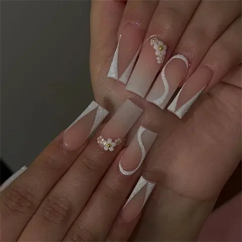 Flower Decor Gradient Press on Fake Nail, Decorative Nails, 24pcs/set Fashion Press on Nails & Jelly Tape & Nail File, Elegant Stick on Nails Kit for Women's Gift, Manicure, Pressed On Nails, Nail Art Design