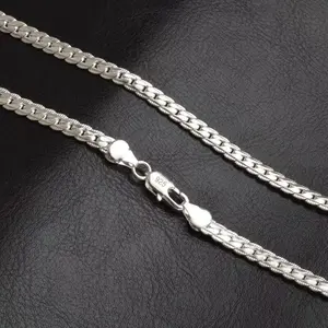 5mm 925 Silver Plated Cuban Link Chain Necklace, with exclusive side embossed design,Unisex Flat Edge Cuban Chain, 20/22/24in Multiple Sizes, Fashion Couple Jewelry Gift for Men Women