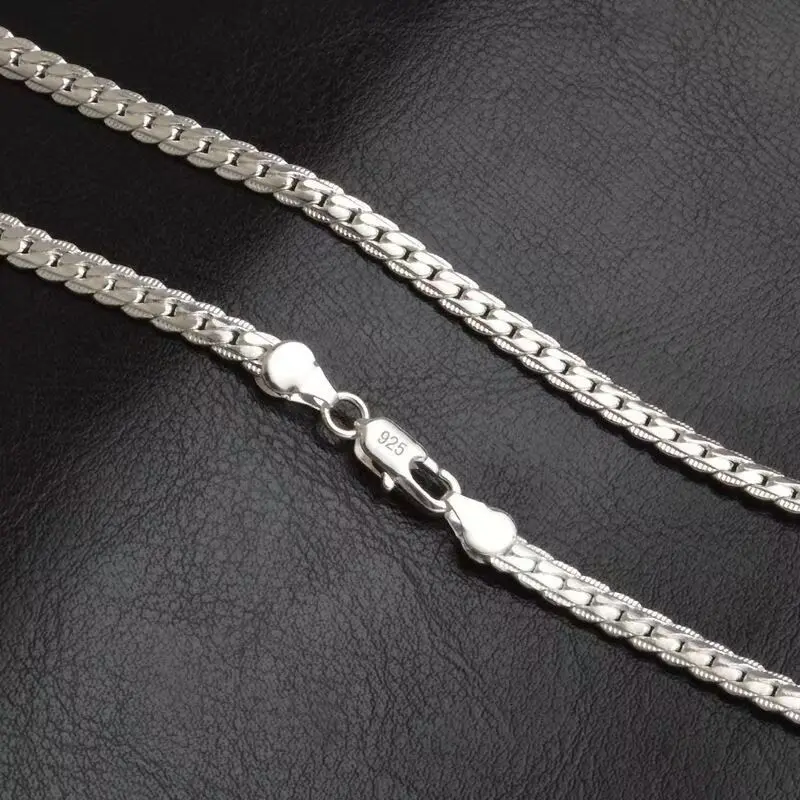 5mm 925 Silver Plated Cuban Link Chain Necklace, with exclusive side embossed design,Unisex Flat Edge Cuban Chain, 20/22/24in Multiple Sizes, Fashion Couple Jewelry Gift for Men Women