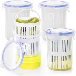 4 Pack Pickle Container with Strainer, 24 oz Plastic Pickle Jar Holder Keeper Lifter, Clear Leak-proof Pickle Juice Separator with Lock It Lid for Sweet Gherkins, Olives