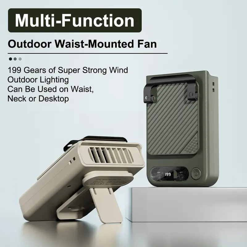 Multi-Function Wearable Waist Clip Fan with Built-In LED Flashlight, 199 Stepless Wind Speed 54-Blade Brushless Motor Portable Fan, Digital Display 3600mAh Type-C Rechargeable Fan, 3 Ways to Wear for Waist,Neck,Desktop, summer energy saver sohochic