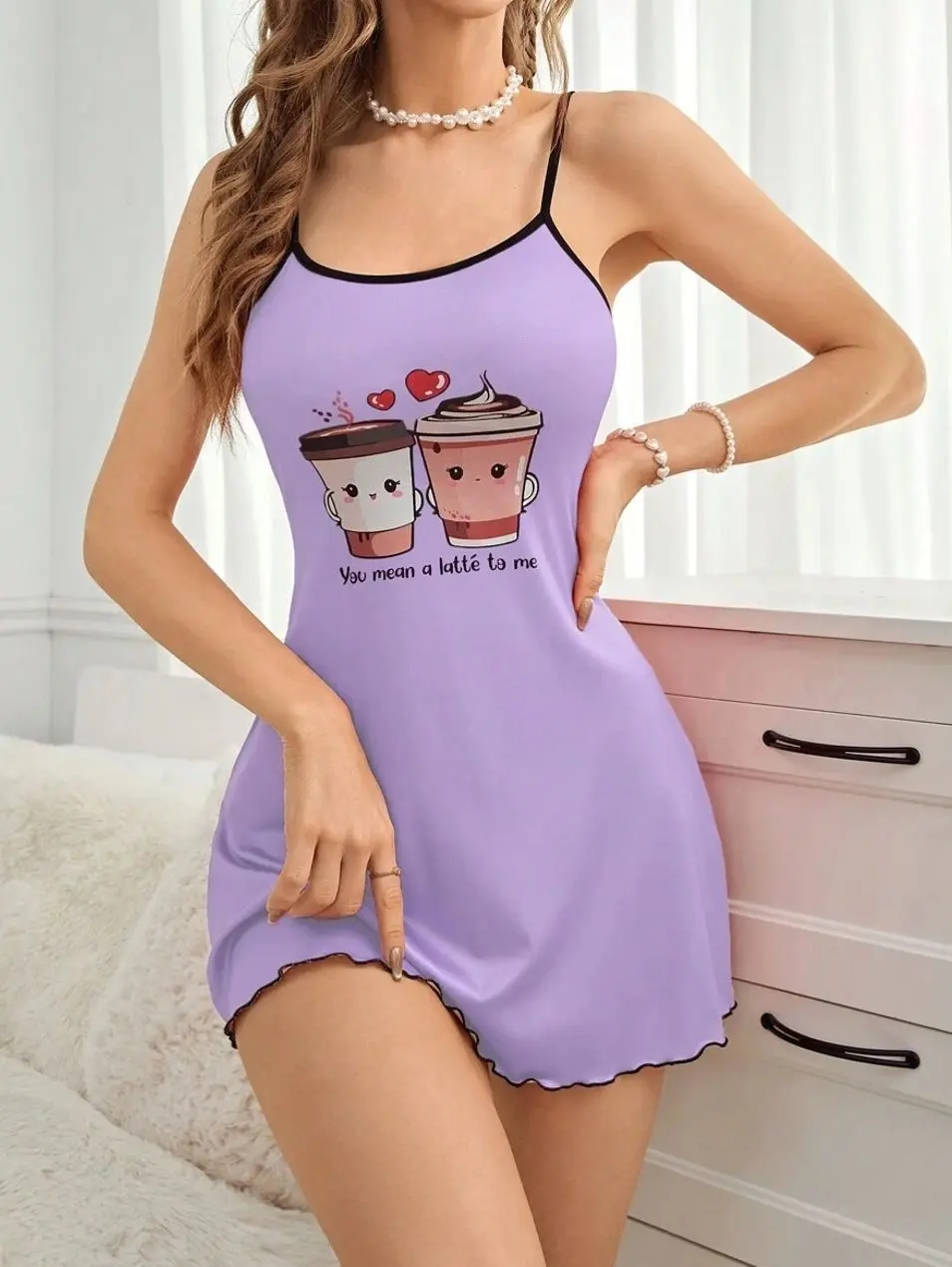 Cartoon Character And Slogan Printed Contrast Trim Cami Pajama Dress For Sleepwear