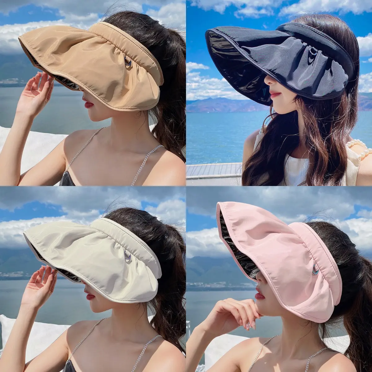 Shell Cap with Headband, Protection, Open-Top Sun Hat for Women in Summer, Face Shade, Wide-Brim Shell Hat, Outdoor Cycling, Foldable Black Rubber Sun Hat, Black Rubber Fisherman Hat, Beach Hat