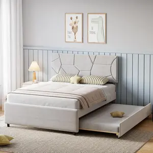 Gaomon Queen Size Upholstered Platform Bed Frame with Twin Trundle Pull-Out, Headboard and Wood Slats for Guest Rooms, Kids Rooms, Bed Frames