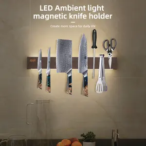 FINDKING 16, 18 Inches Lighted Magnetic Knife Strip, Backlit LED Utensil Holder for Wall and Refrigerator, Magnet Knife Rack for Home Kitchen, No Drill (Ash Wood, Dark Brown)