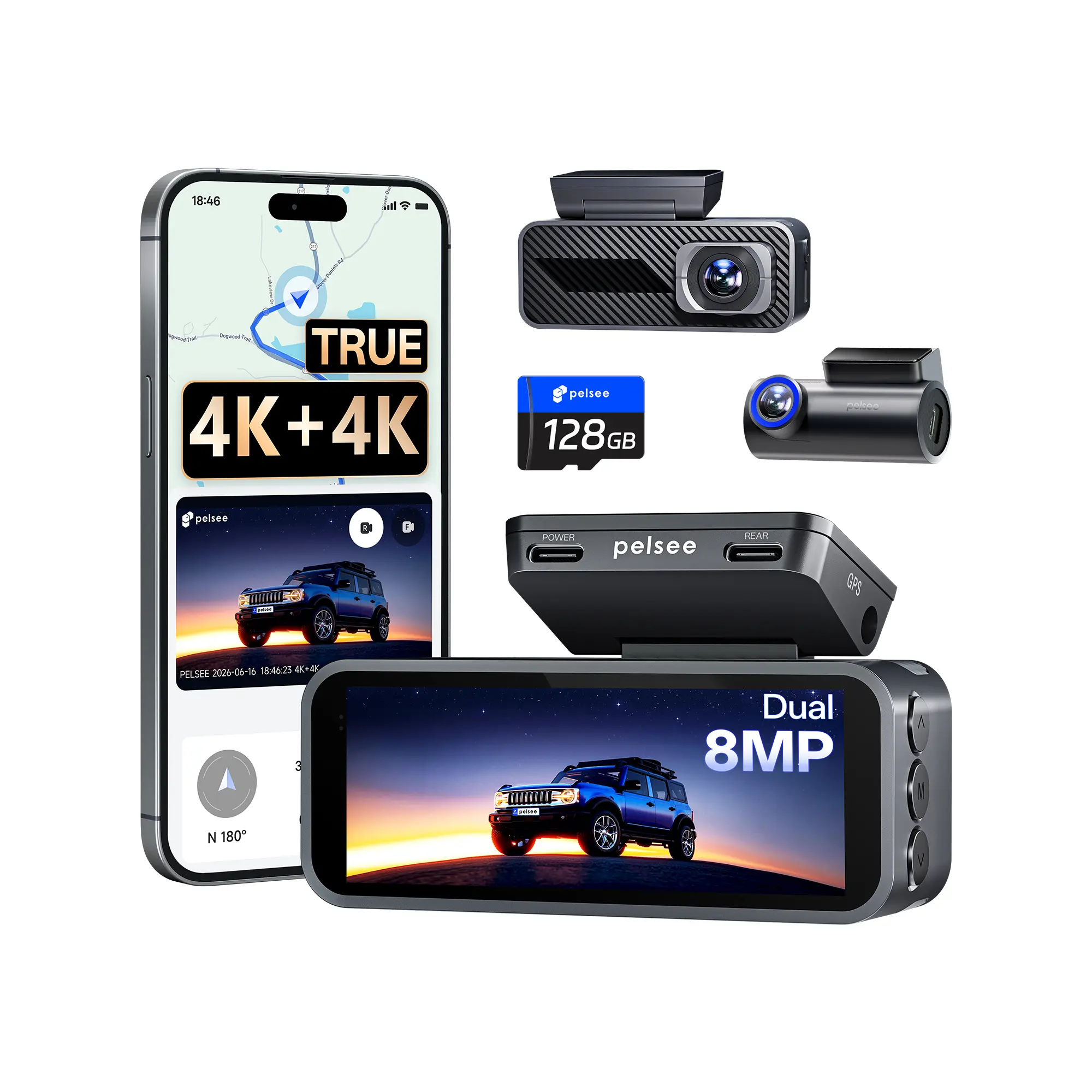 PELSEE S1 Pro Native 4K Dual HDR Car Dash Camera for Cars/SUVs, Front & Rear 8MP Cam with 128GB Card, 5.8GHz Wi-Fi 6 (30MB/s Download Speed), GPS, Voice Control, Full Color Night Vision, 24H Parking Mode