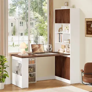 FOTOSOK 2 Set Modular Office Desk, White Computer Desk with 75" Tall Bookcase with Doors & Adjustable Shelf, 4 Doors Wooden Farmhouse Executive Desk for Home Office, White