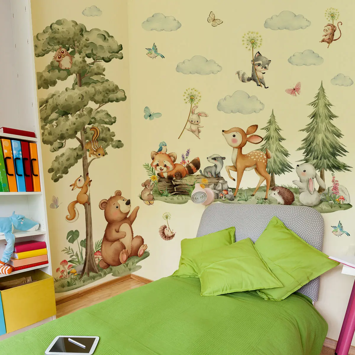 A set of 3 (30*90cm*3pcs) forest tree, cloud, sika deer, rabbit animal wall stickers Wall Decal Indoor Outdoor Decorative for living room, bedroom, home background decoration, self-adhesive Decoration Items MS3329-YL