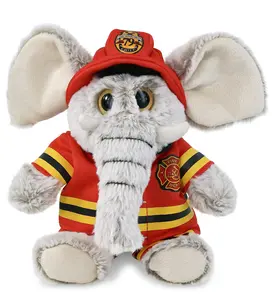 DOLLIBU Super-Soft 100% Polyester Stuffed Elephant Toy - 9l×7w×9h Inch, Removable Clothes Fireman Suit, Realistic Costume, Dry Cleanable, Safe for Ages 0+, Ideal for Pretend Play Toys