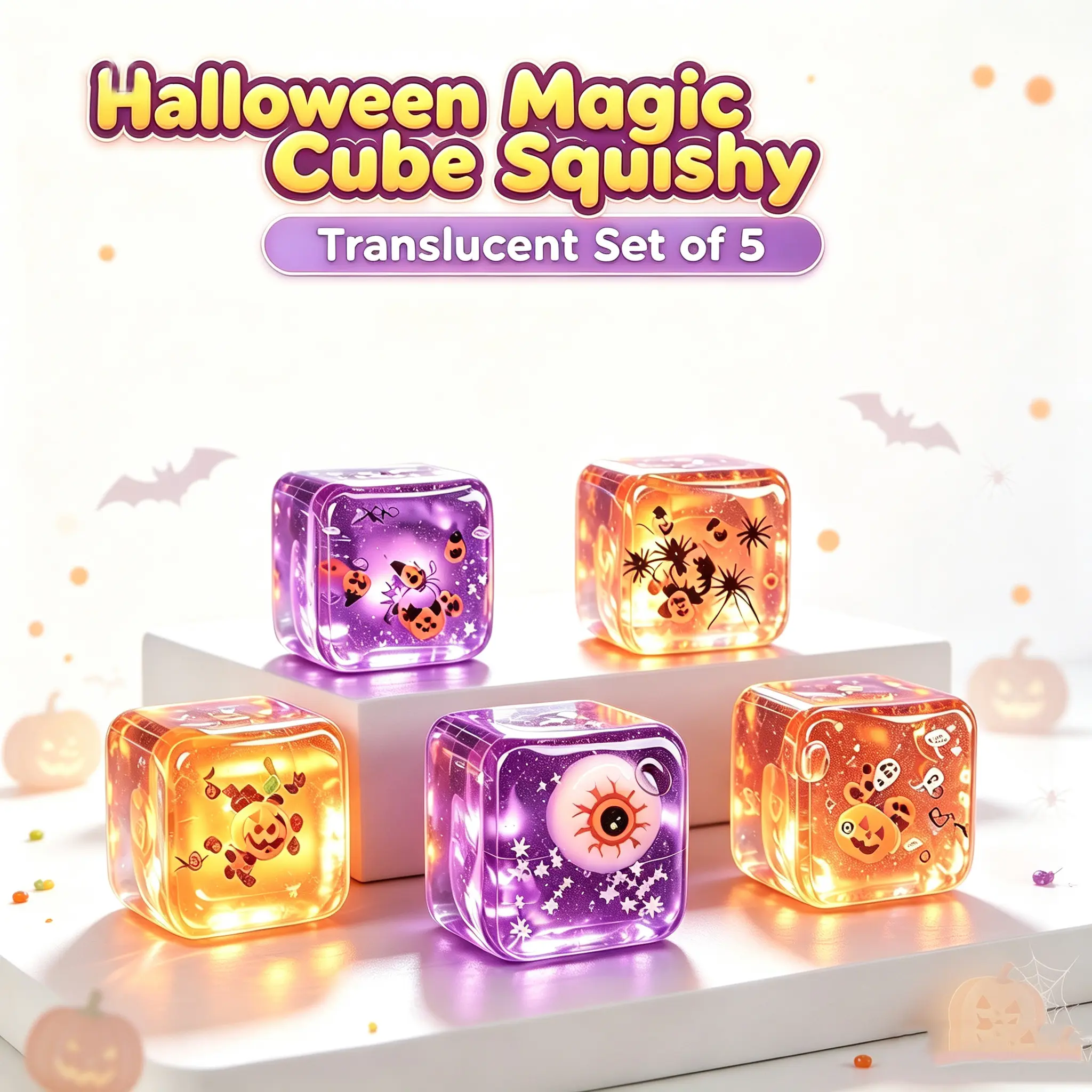 Halloween Magic Cube Squishy, Translucent Maltose Ice Cube Fidget Toy, Slow Rising Glitter Squishy Stress Relief Toy, Halloween Party Favor Gift for Kids