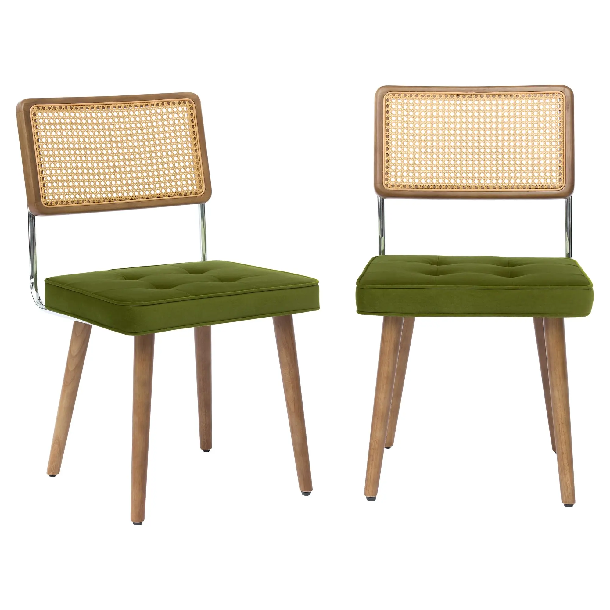 Garvee Natural Rattan Dining Chair with Bohemian Modern Design, Woven Cane Backrest, Black Velvet Padded Seat, and Sturdy Wooden Legs - Perfect for Kitchen or Dining Area (Green-2)