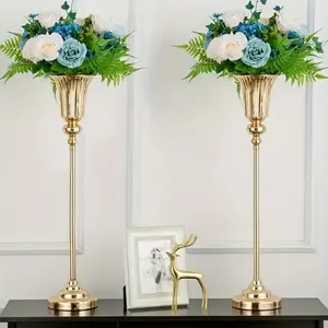 2pcs 28 Inch Silver Metal Trumpet Vase, Wedding Banquet Centerpiece Flower Holder, Party Desktop Gold Flower Stand Decoration