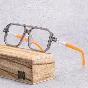 Unisex Double-Bridge Full-Frame Square Plain Glasses PC Material Flat-Top Two-Tone Temple Vintage Style HM11779726 Cross-Border Trendy Products
