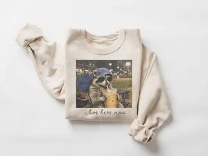 Retro Raccoon Drinking Iced Coffee Sweatshirt/T-Shirt, Funny Animal Meme Tee | Coffee Lover Raccoon Shirt | Baseball Mom Gift