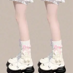 Bowknot White & Pink Twist Leg Warmers, Lolita Style, Suitable for Autumn/Winter, 1 Pair for Women - Sock, Womenswear