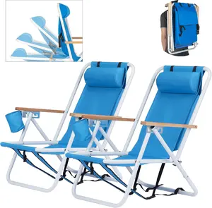 Folding Beach Chair Adjustable Headrest w/4 Flexible Tilt Angle, Cup Holder Portable High Strength Cleanable Fabric, for Sand Camping Lawn Concert Travel Festival