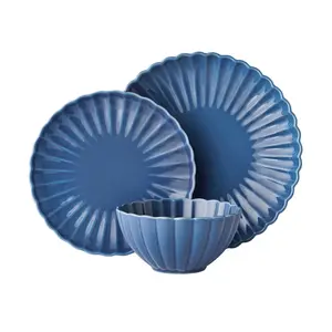 Colette Scallop Blue 12-Piece Stoneware Dinnerware Set Bowl Cutlery