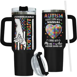 Autism Mom Tumbler 40oz with Handle and Straw, Autistic Kids Parent Insulated Travel Coffee Mug, Autism Awareness Cup Gifts for Mother's Day - Motivation Birthday Present to Women & Her