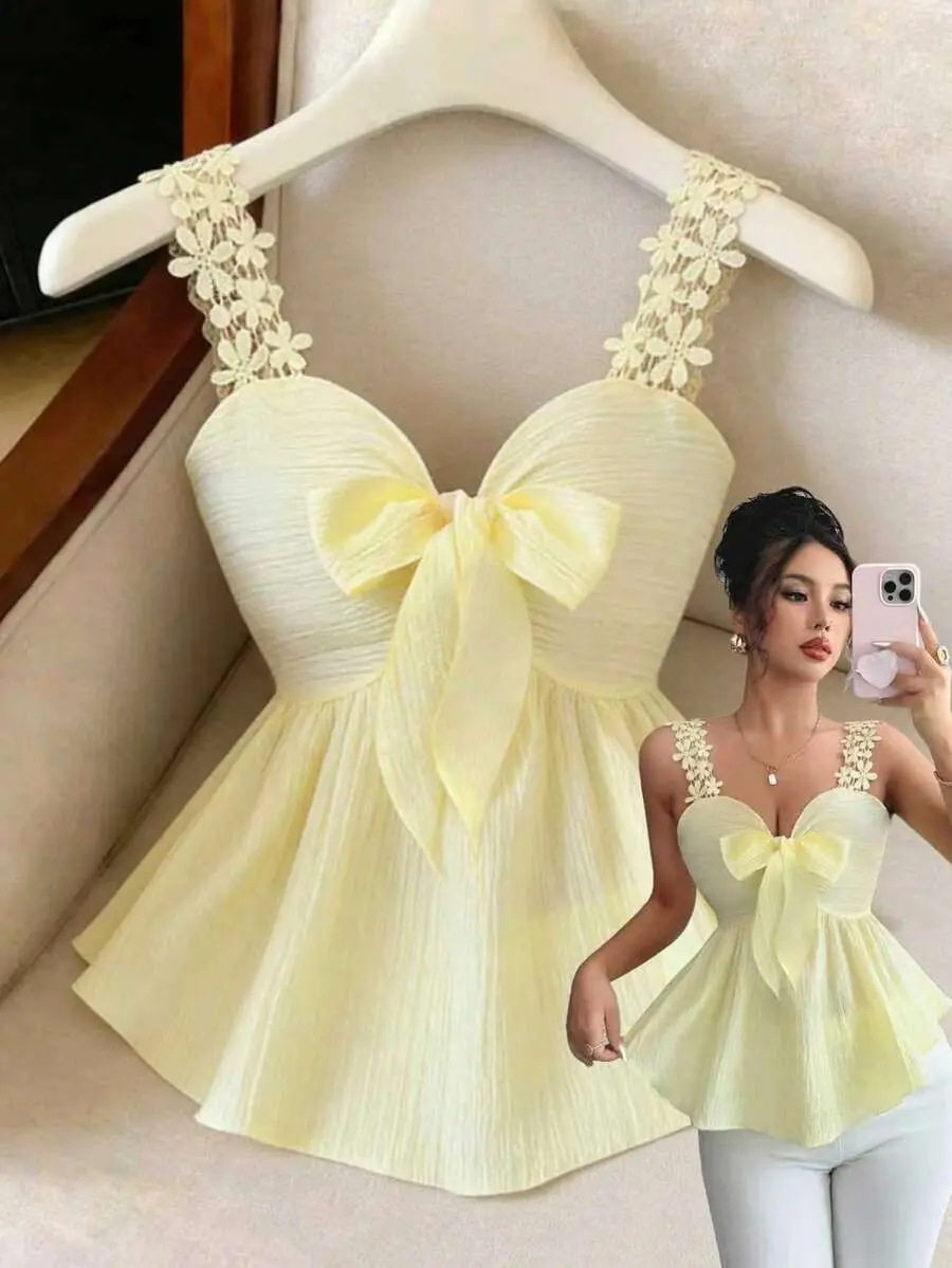 Women's Cream Yellow New Season Textured Fabric French Elegant Minimalist Sexy Bow Tie Y2K Sweet Design Camisole Top, Suitable For 4th Of July