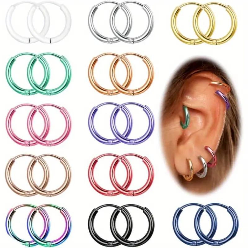 12Pairs 316L Surgical Stainless Steel Small Hoop Earrings for Men Women Hypoallergenic Huggie Hoops Cartilage Helix Tragus Lobes Hinged Sleeper Hoop Earrings Set 18G 6mm/8mm/10mm/12mm/14mm