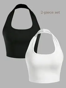 Girl student solid color Basic Fitted versatile hanging neck sleeveless top Clothes 2-piece set Outfit