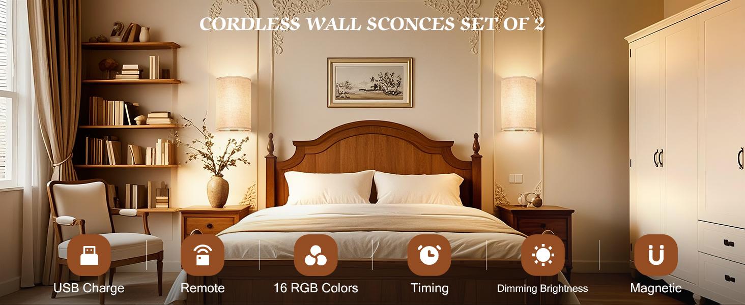 Battery Operated Wall Sconce: Wireless Wall Sconces Set of Two Magnetic Lamp Rechargeable Lights Dimmable with 16 RGB Colors Fabric Linen Shade with Remote Walls Decor for Bedroom Living Room Battery Operated Wall Sconce: Wireless Wall Sconces Set of Two Magnetic Lamp Rechargeable Lights Dimmable with 16 RGB Colors Fabric Linen Shade with Remote Walls Decor for Bedroom Living Room