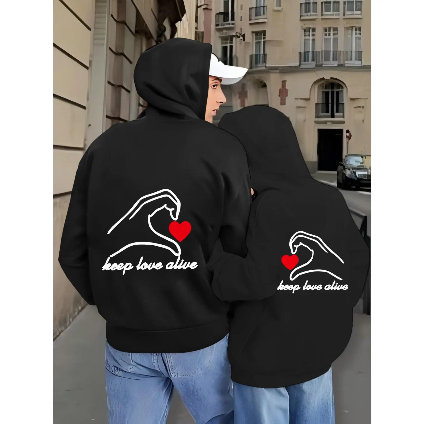 [Cozy Couple Hoodie Jackets] Cozy Polyester Matching Couple Hoodie Jackets - "Keep Love Alive" Graphic, Zip-Up with Pockets, Black & Red, Heart Gesture Design, Fall/Winter Outfit, Machine Washable | Graphic Zipup Jackets | Fall Winter Apparel, Clothes, Sh