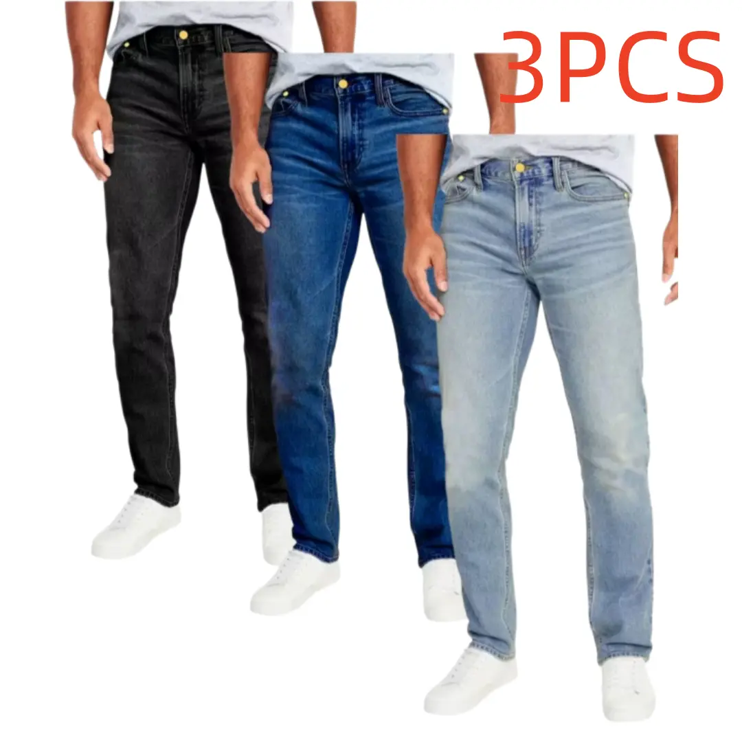 Men's 3-Pack Slim-Fit Straight Leg Cotton Jeans - Soft Stretch Washed Denim Fabric, Classic 5-Pockets, Zipper Fly, Black+Blue+Light Blue, Casual Street Style, Pair with Sneakers, T-Shirt or Hoodie, Do Not Dry Clean
