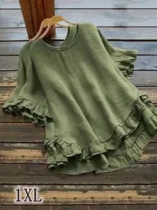 【Plus Size】 Plain Ruffle High Low Hem Blouse, Shirts, Casual Round Neck Half Sleeve Top for Summer, Women's Plus Size Clothing for Daily Wear