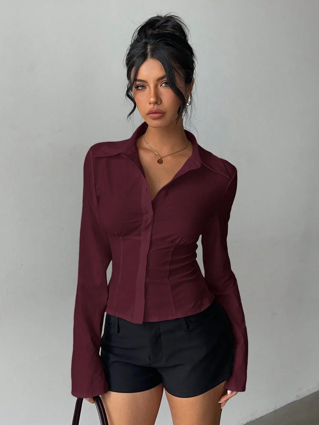 [Back to School] LOVEIU Women's Elegant Versatile Pleated Waist Long Sleeve Shirt Solid Color Burgundy Autumn Office Tops Fall Winter