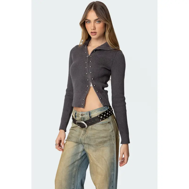 asymmetrical rib knit zip - TikTok Shop