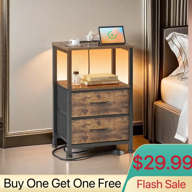 Mr IRONSTONE Nightstand with Charging Station, End Table with Cloth Drawer, Side Table with LED Light, Rustic Brown