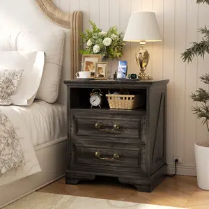 Farmhouse Nightstand with Charging Station, 18" Side Table with 2 Storage Drawers, Rustic Wood Night Stand with Metal Handle, Wooden Bedside End Table Small Dresser for Bedroom, Living Room