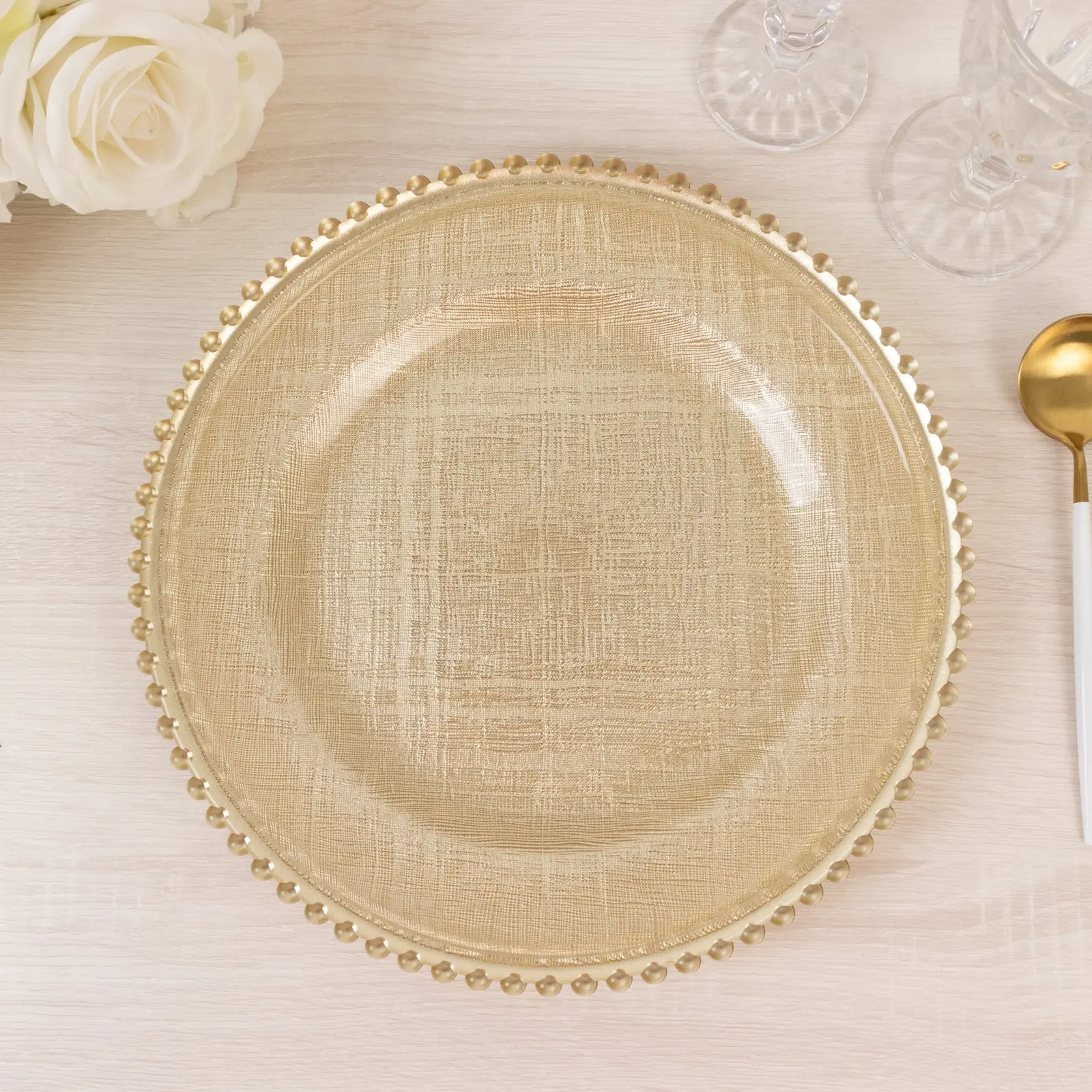 8-Pack 12" Round Glass Charger Plates with Beaded Rim & Cross Stitch Pattern - Formal Look Tableware for Wedding Event Tabletop Decor