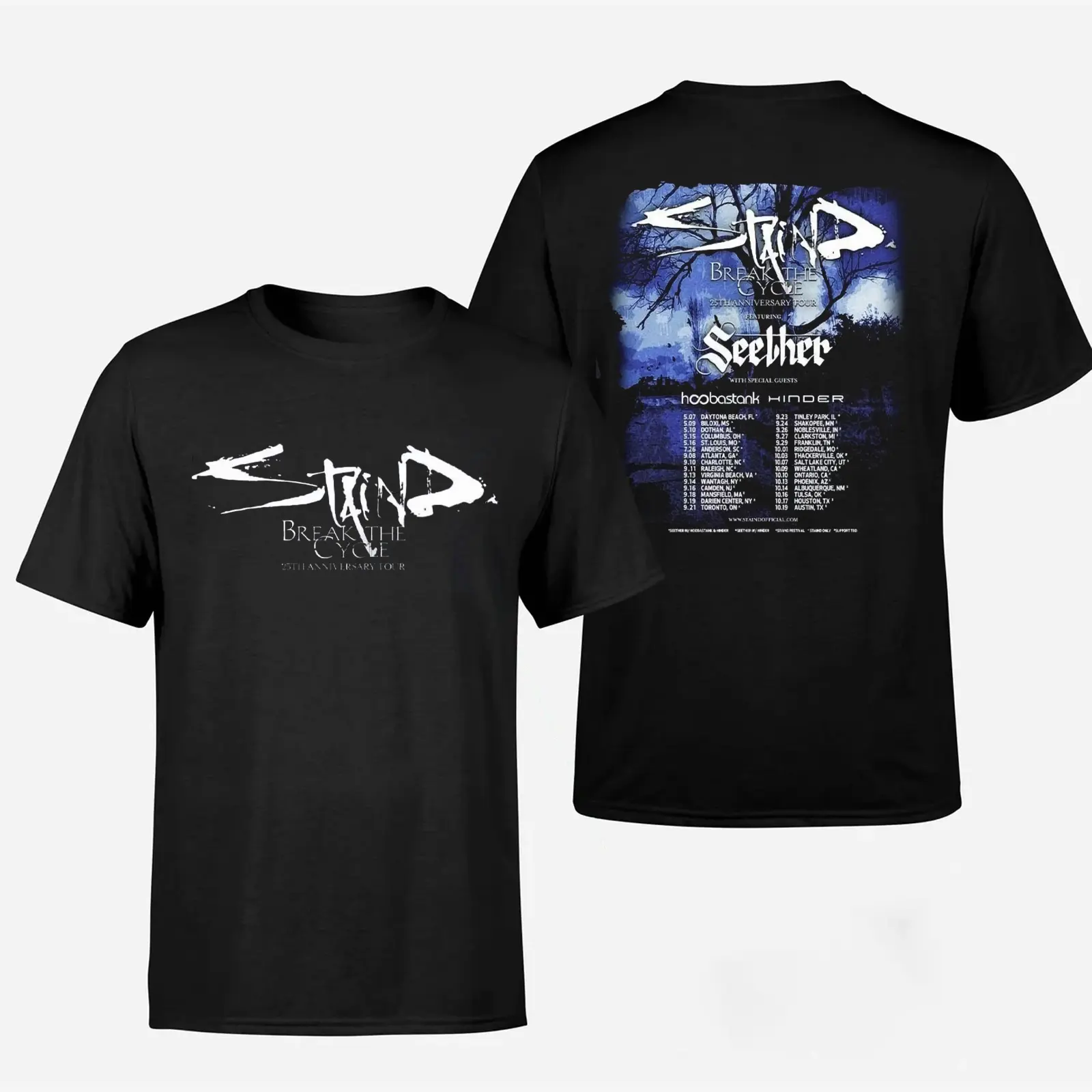 Vintge Staind Band Rock 2 Sided Comfort Color Graphic Tee Ring Spun Cotton Casual Soft Washed T-Shirt Trendy Tops Perfect Gift