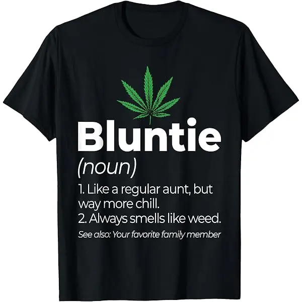 Women's Short-Sleeve Fitted Preppy Round Neck Fabric T-Shirt - Bluntie Funny Stoner Aunt Marijuana Smoker Graphic Tee, Shortsleeve, Poly-Cotton