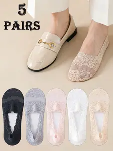 Women's Lace Invisible Boat Socks, Soft Skin-Friendly Anti-Slip, Casual Elegant Chic Style, Perfect for Office Commuting, 5 Pairs