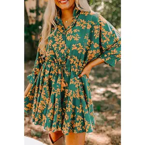 Green Floral Print Drawstring Tunic Flowy Short Dress