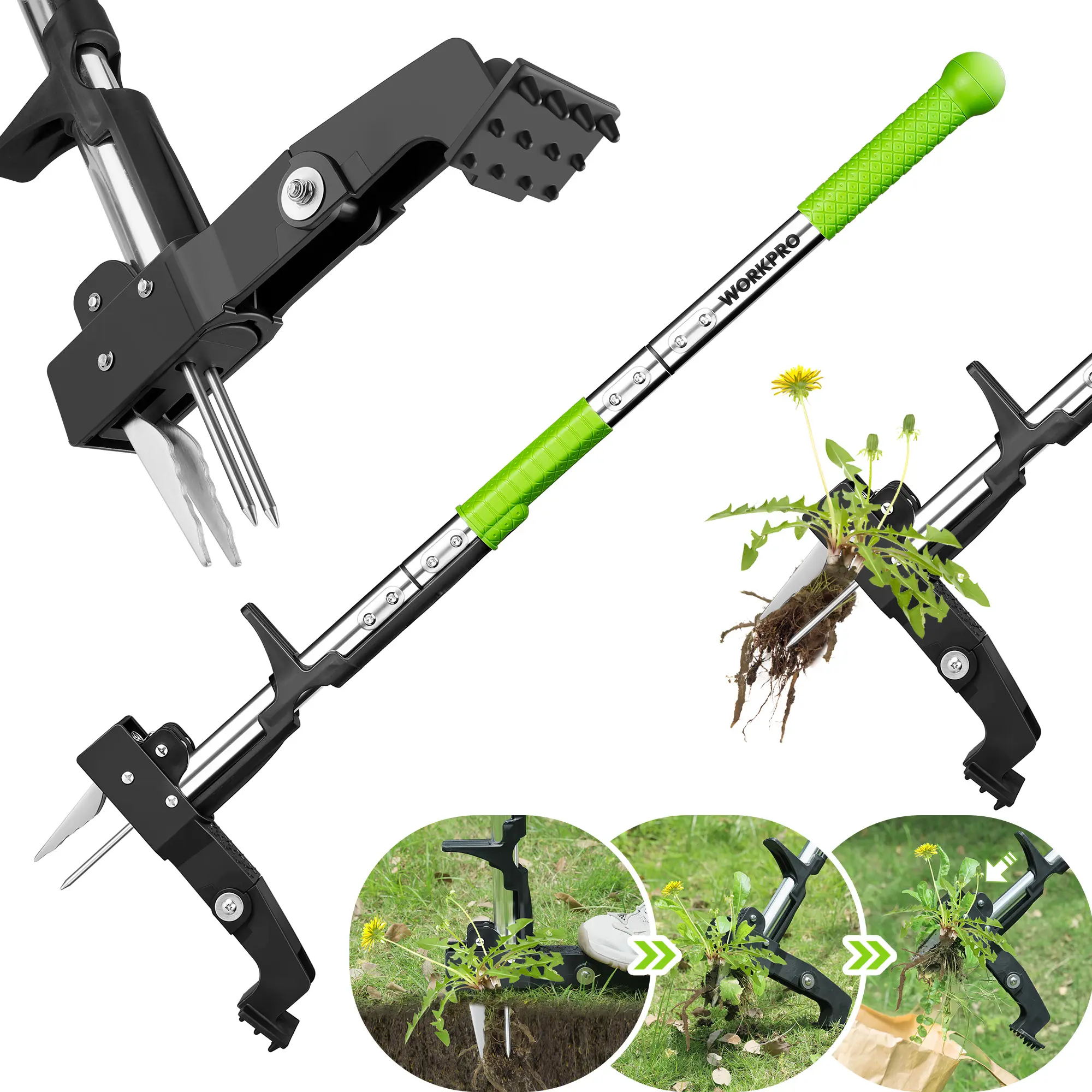 #fathersdaygift WORKPRO Stand Up Weed Puller Tool, Garden Dandelion Weeder Puller with Ergonomic 39" Long Handle, 4 Claws Steel Head & Foldable Foot Pedal, Heavy Duty Root Remover Tool Without Bending or Kneeling