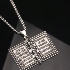 Vintage Religious Christian Bible Prayer Book Pendant Necklace, Versatile Sweater Chain, Daily Wear Jewelry, Retro Style Accessory for Women
