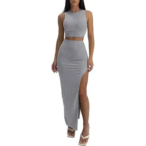 Sexy 2 piece maxi skirt sets for women-knit bodycon crop tank top and high slit skirt dress set, summer outfits two loungewear