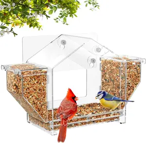 Window Bird Feeder with  Suction Cup and Self-Adhesive, Clear Birdfeeder for Window Larger Viewing, 6.8" -Proof Bird Watching with Large  Storage Design for Outdoors Cats