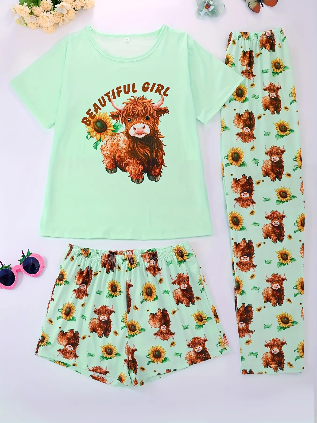 Women's Summer Cool Short Sleeve Pajama Set, 3 Piece Casual Round Neck Top & Elastic Shorts, All Season Comfortable Sleepwear, Nightwear Pajamas, Nightwear Lounge Set