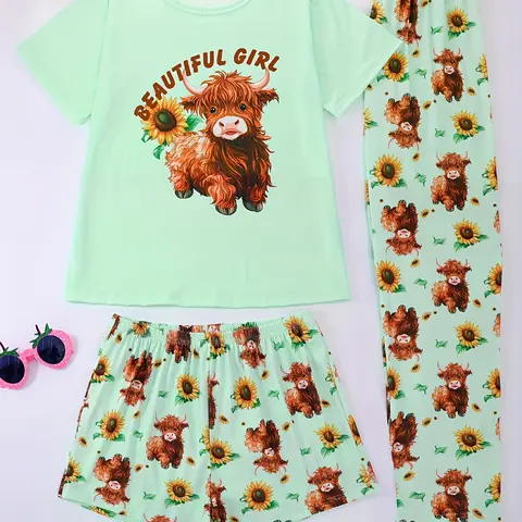 Women's Summer Cool Short Sleeve Pajama Set, 3 Piece Casual Round Neck Top & Elastic Shorts, All Season Comfortable Sleepwear, Nightwear Pajamas, Nightwear Lounge Set