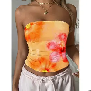 SummerTops SummerCropTop tiktokEZwearWomen sOrangeHibiscusFloralPrintTubeTop OffTheShoulderTop