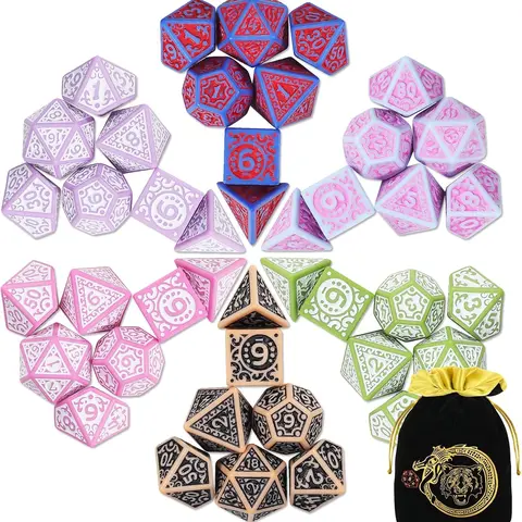 CIARAQ 6-Set Complex Carved Polyhedral Dice (6x7 in, 42pcs) - Colorful, Well-Balanced for Dungeons and Dragons, MTG RPG Gaming - Waterproof Gold Pattern Drawstring Velvet Pouch Storage Keeps Dice Tidy