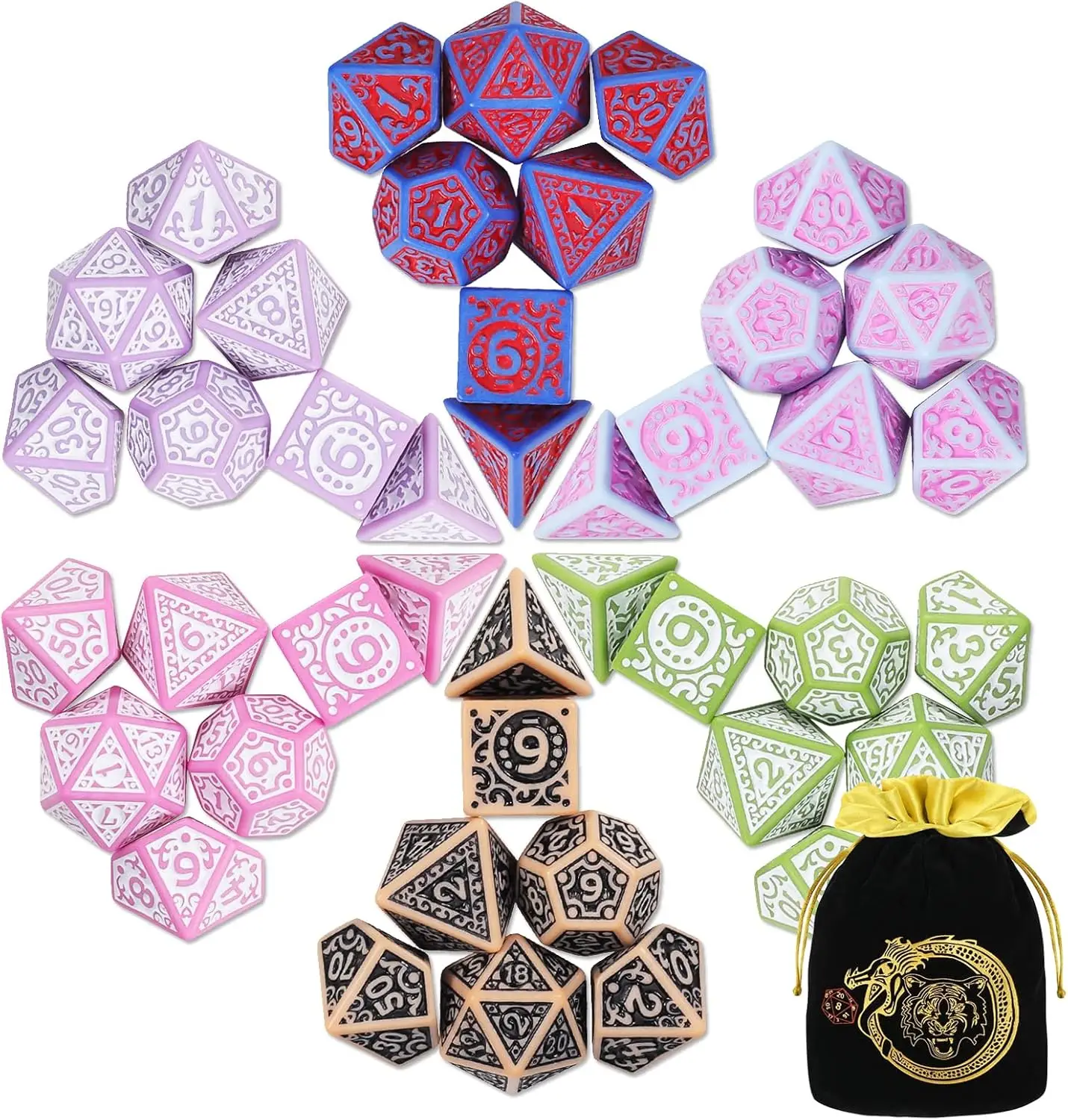 6 x 7 Complex Carved Patterns Polyhedral Dice Set (42pcs) with A Gold Pattern Drawstring Bag for Dungeons and Dragons RPG MTG Table Games. 6 Sets Fant
