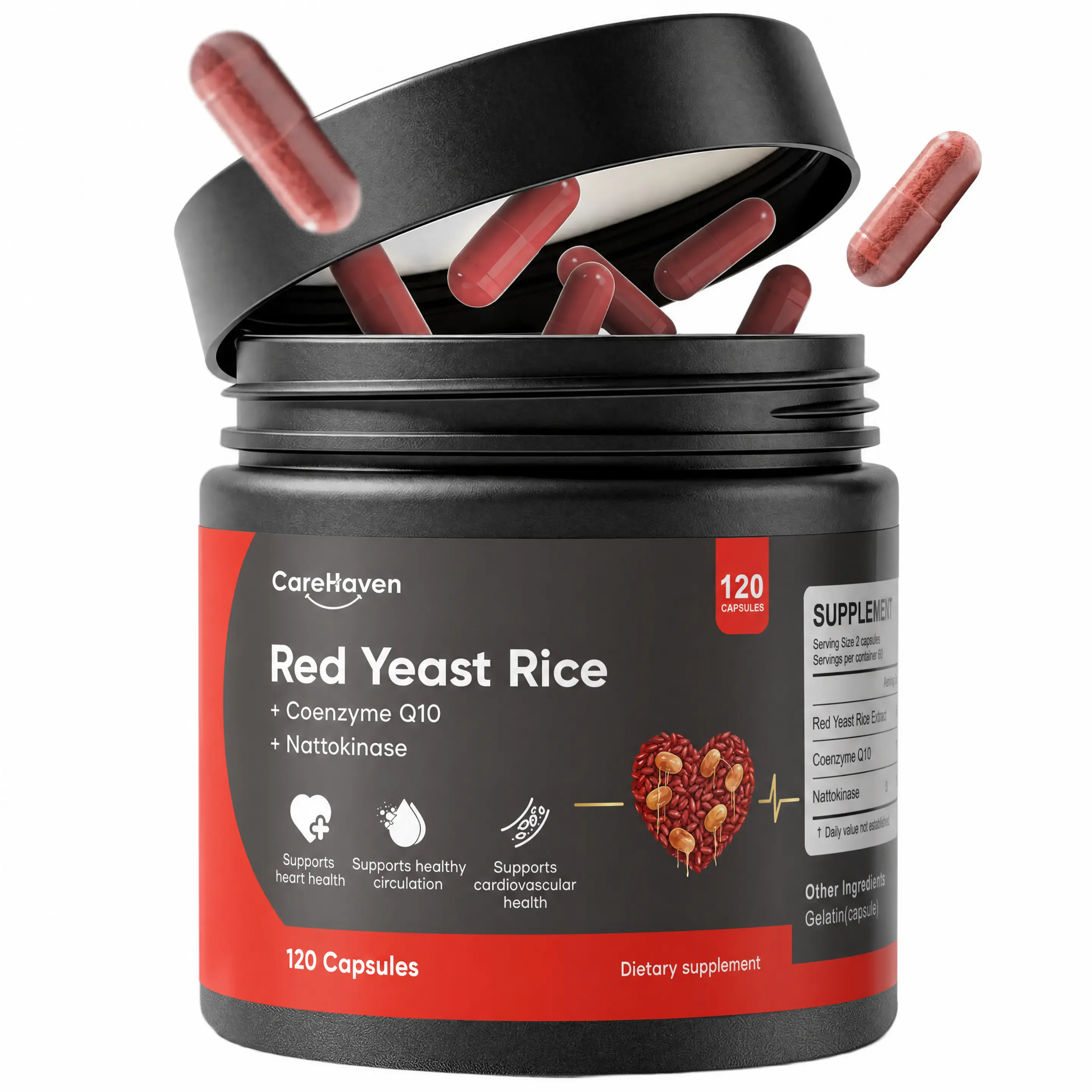 CareHaven Citrinin-Free Red Yeast Rice Vitamin Supplement, Organic Vegan, Prop 65 Safe - Nattokinase, CoQ10, Cardio Support - 120 Capsules for Cholesterol, Heart Health, Single Box Fitness Dietary Needs