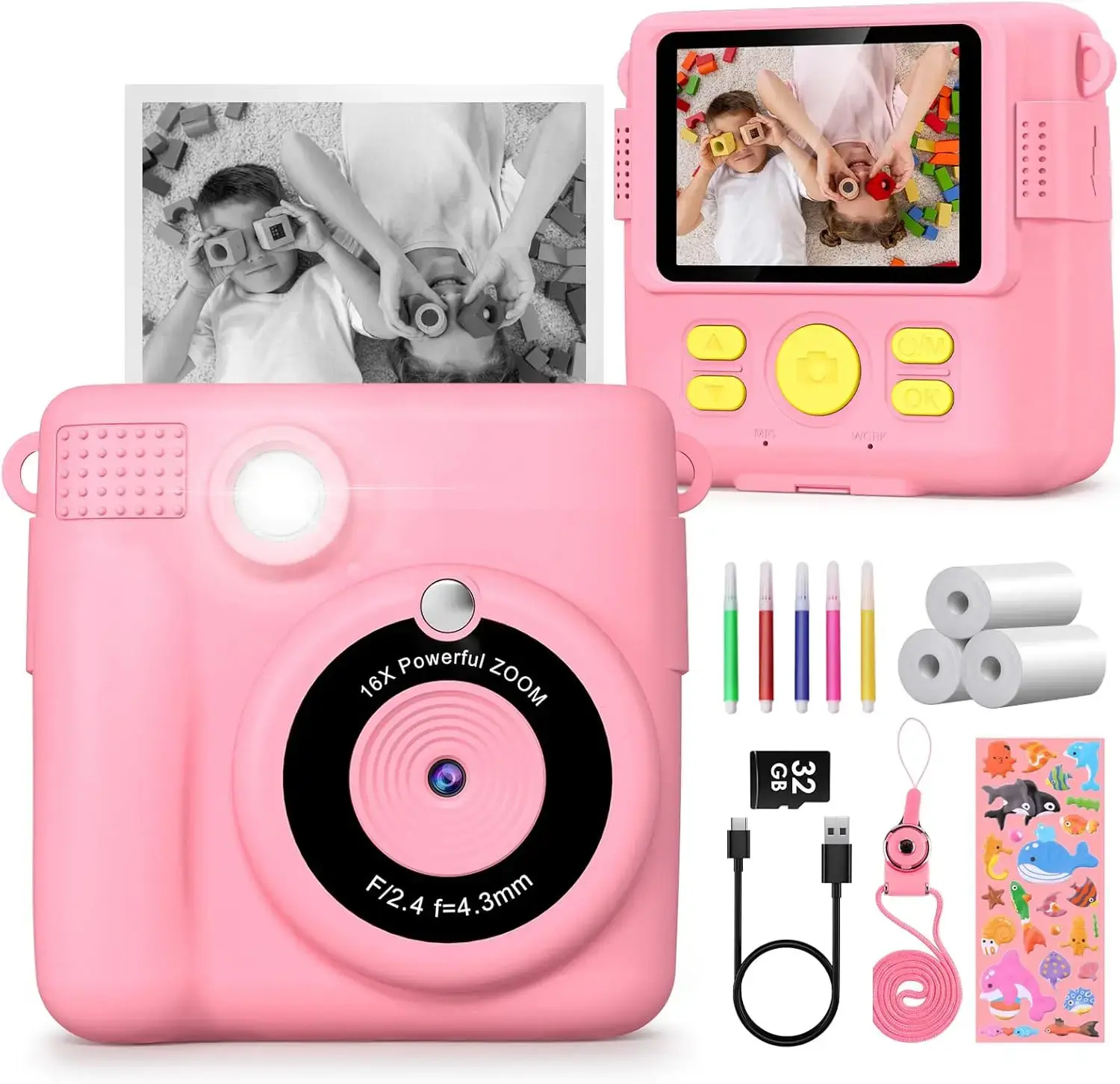 Kids Digital Camera 1080P HD Instant Print Camera Portable Camera Toy with 32GB Card Gift for Boys Girls 3-12 DIAMOOKY